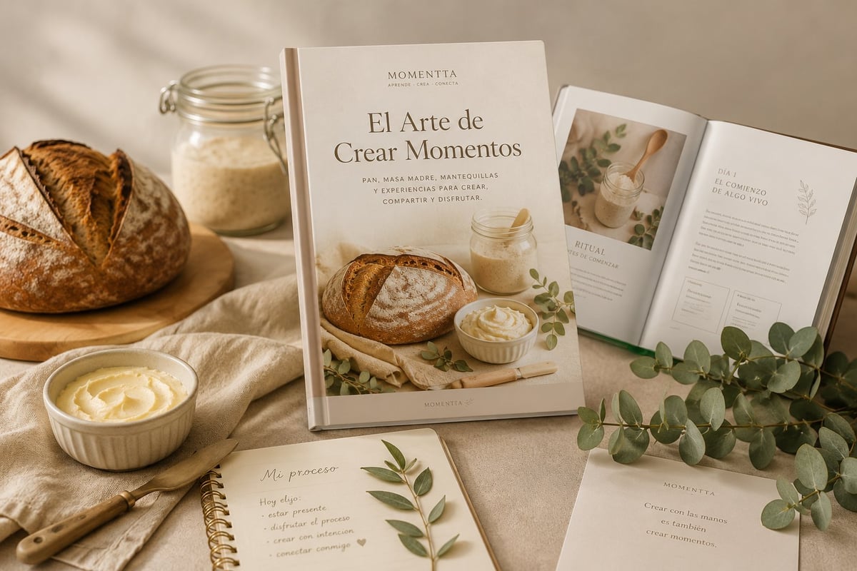 Portada de El Arte de Crear Momentos de momentta junto a pan de masa madre y recursos de la experiencia.