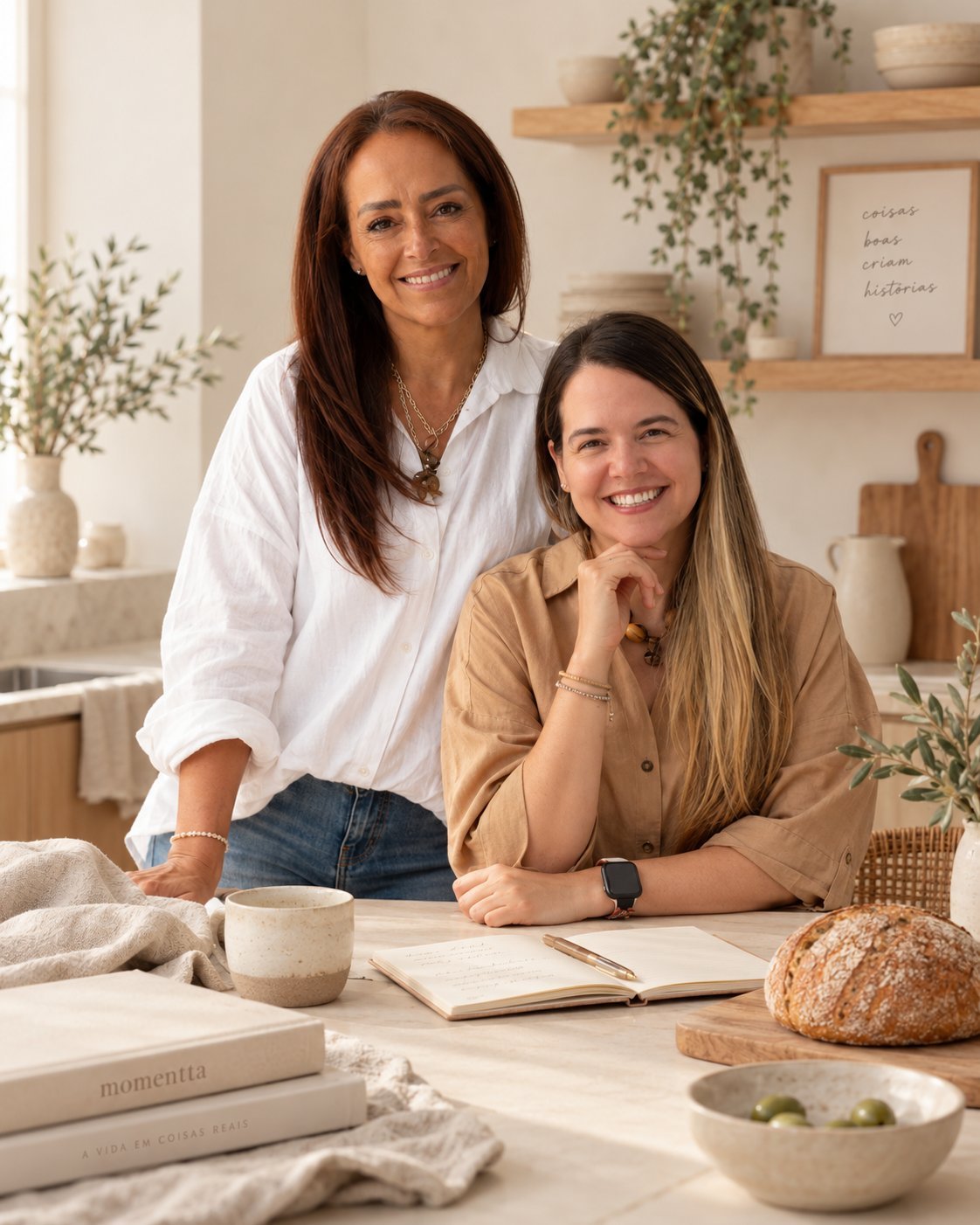 Aurora y Gaby, fundadoras de momentta, sonriendo juntas en una cocina cálida rodeadas de pan artesanal, cuadernos, cerámicas y plantas verdes