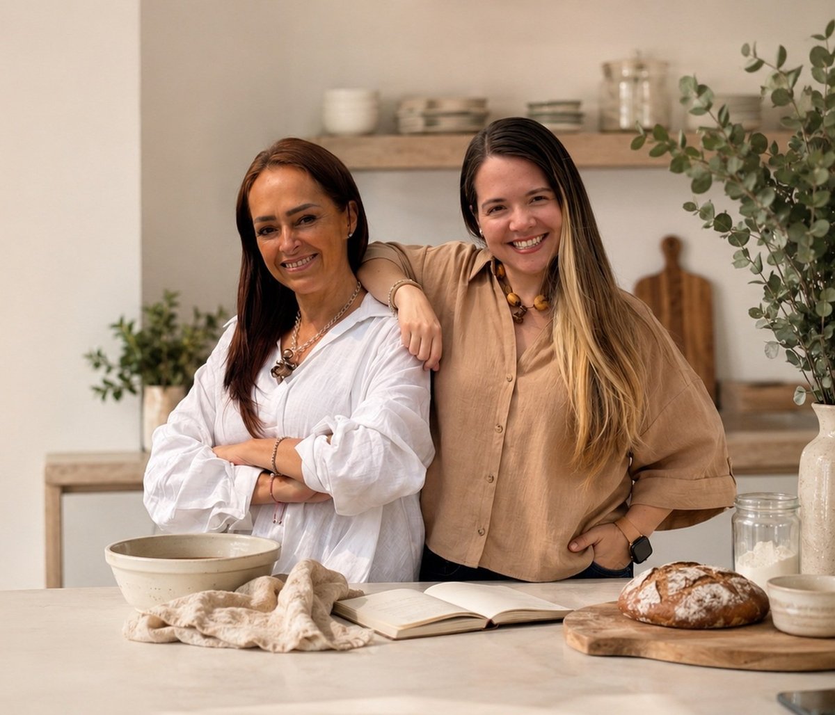 Aurora y Gaby, fundadoras de momentta, sonriendo juntas en una cocina cálida con pan artesanal y un cuaderno sobre la mesa
