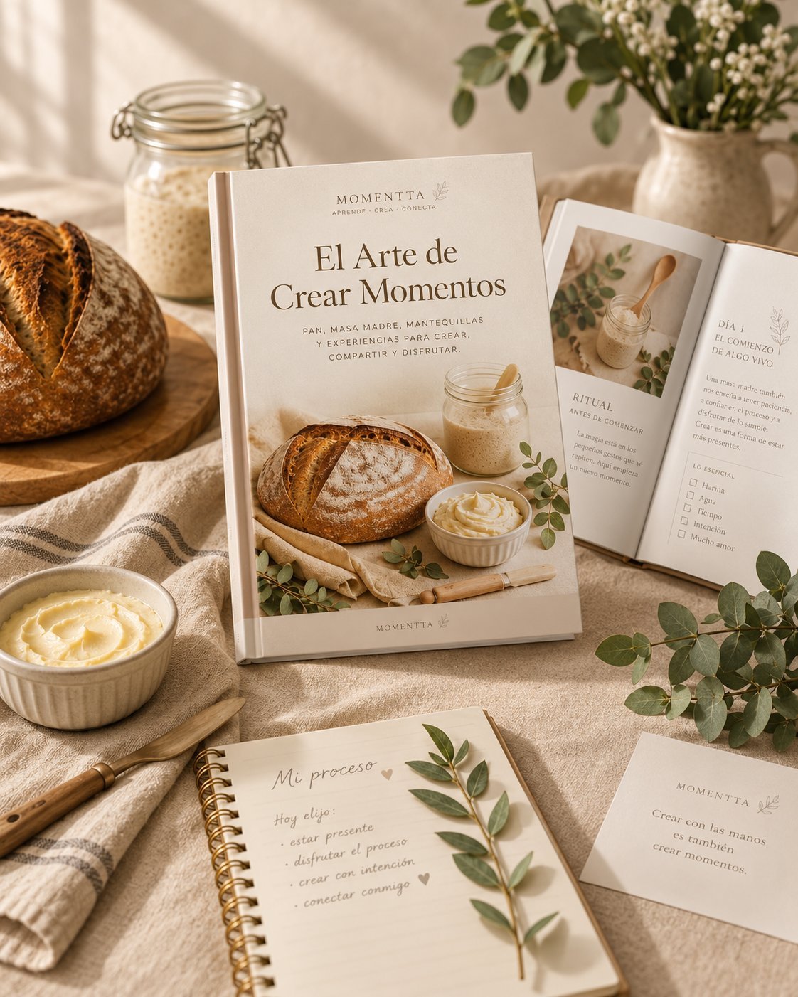 Portada de El Arte de Crear Momentos de momentta junto a pan de masa madre y recursos de la experiencia.